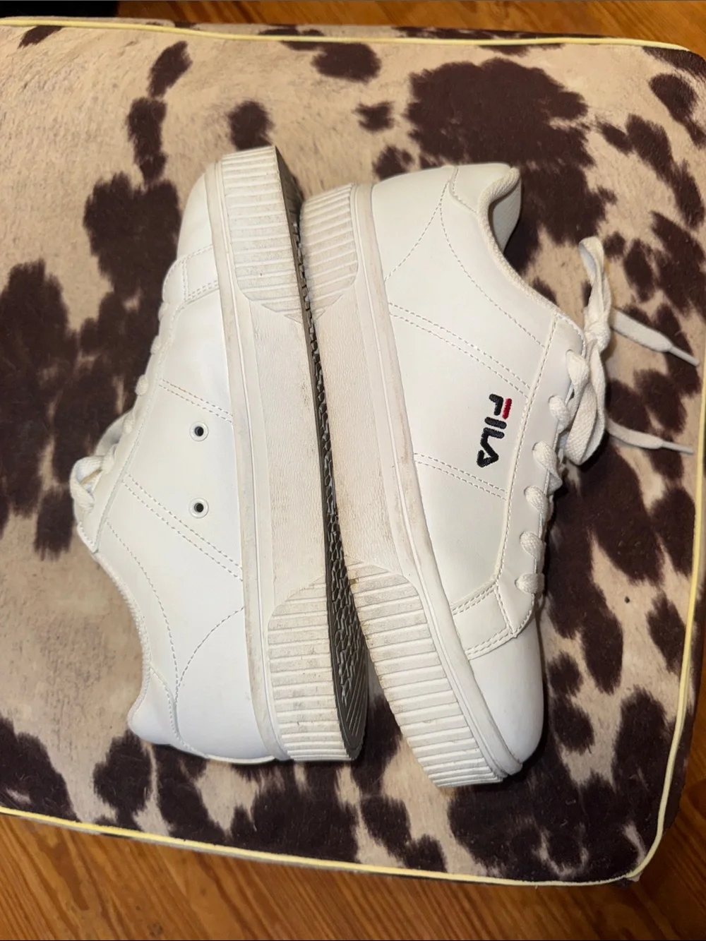 FILA White Platform Lace-Up Sneakers with Red & Blue Logo